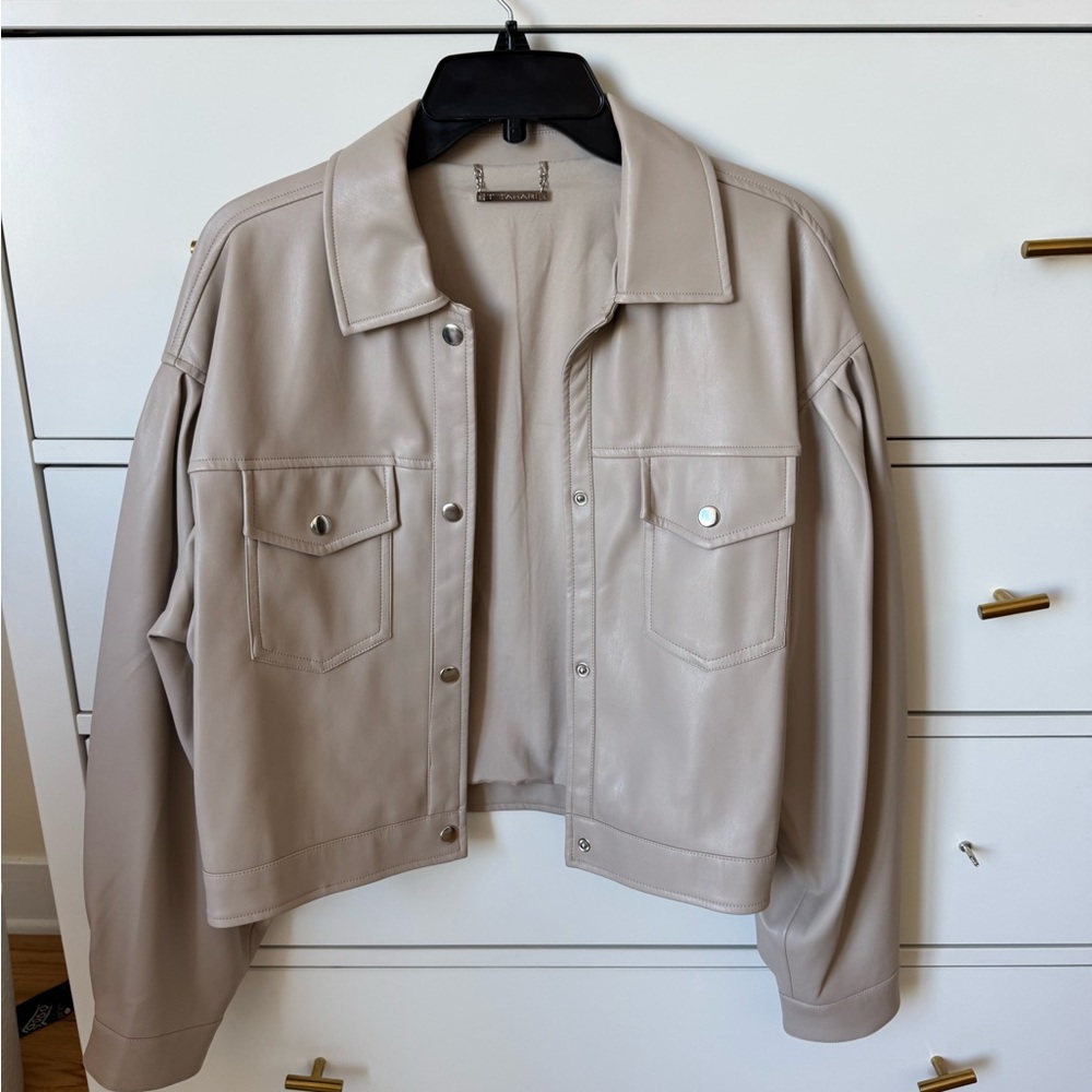 T Tahari Light Beige Vegan Leather Jacket with Chain Logo